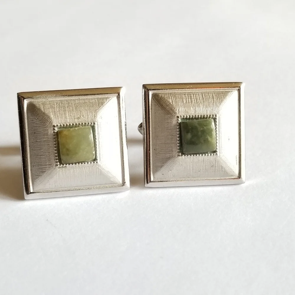 Vintage Swank cuff links silver tone square green stone cufflinks textured men